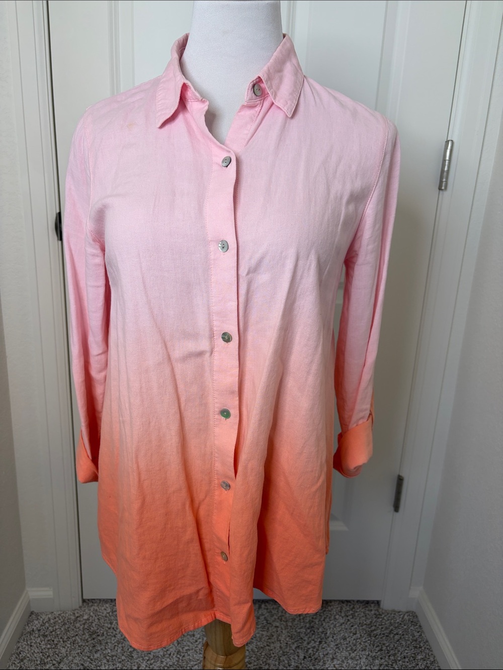 J.Jill Pink Coral Ombre Linen Blend Button Down Shirt XS Coastal Resort